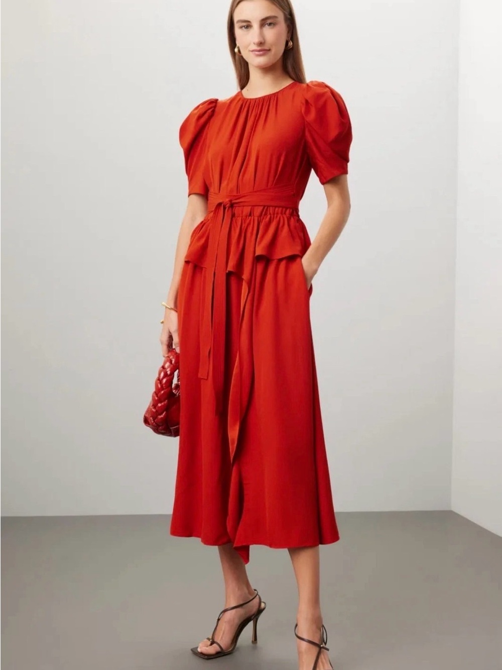Ulla Johnson Marion Dress Puff Sleeve Red Midi Dress with Waist Tie